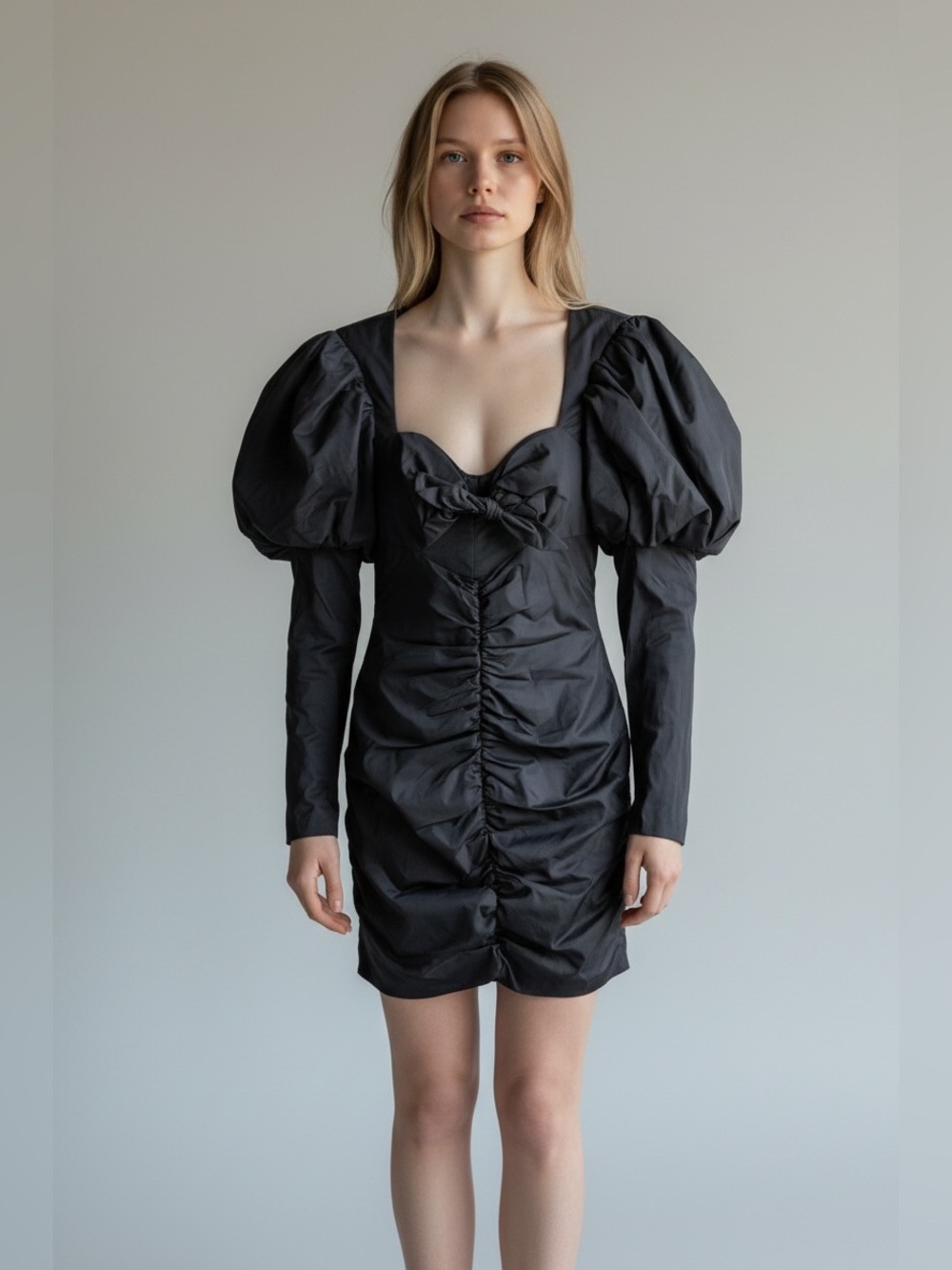 ASOS Luxe Cotton Puff Long Sleeve Black Ruched Mini Cocktail Dress Size 8 NWT